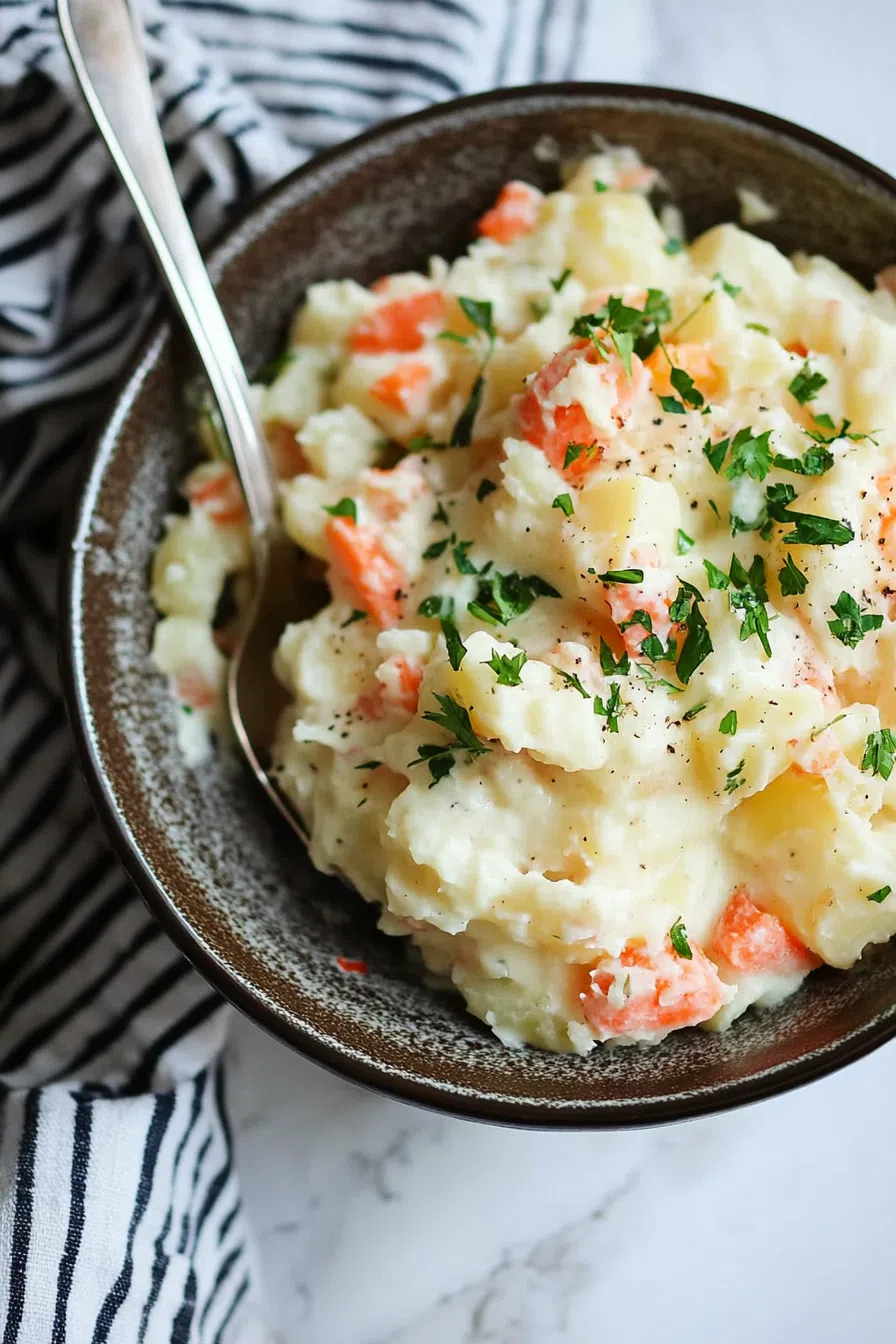 Plate of potato salad with visible chunks of potatoes, carrots, and eggs.