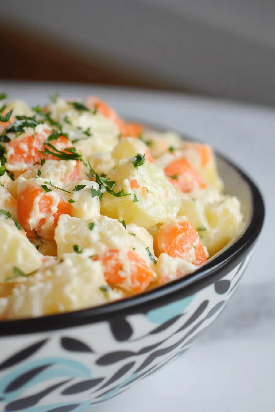 Hearty serving of Dominican potato salad topped with a sprinkle of parsley.