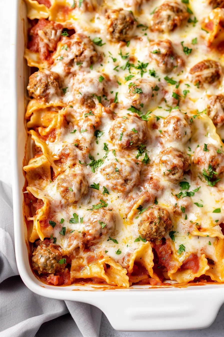 A rustic dish of oven-baked goodness, with meatballs nestled in rich tomato sauce.