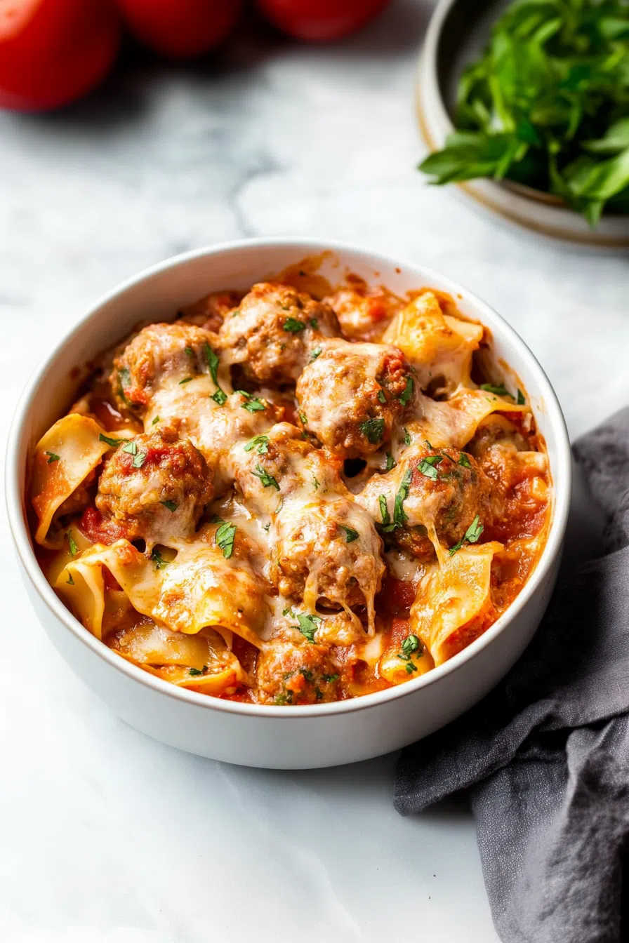 A comforting plate of baked meatballs with sauce and gooey cheese.