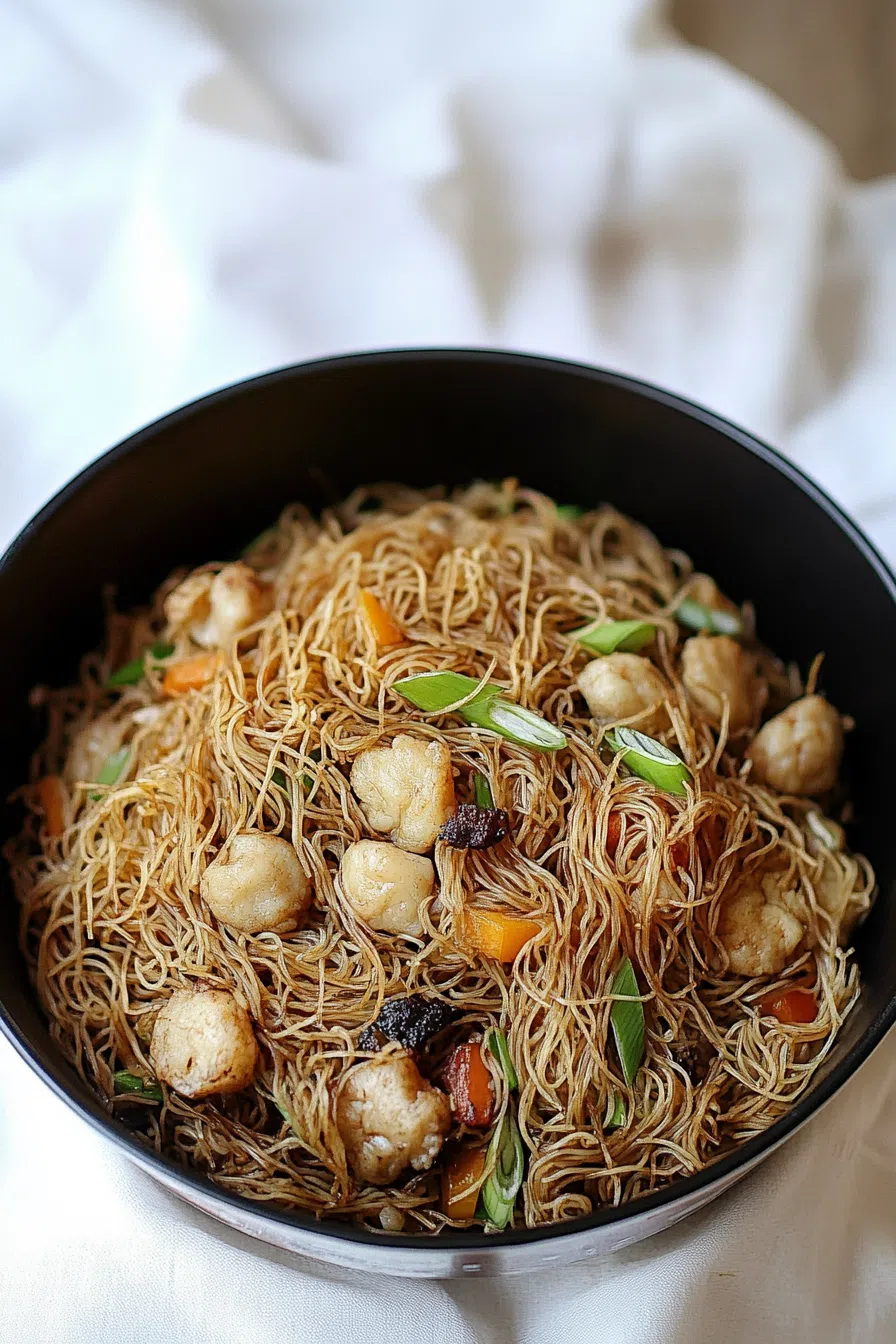 A bowl of golden noodles topped with chicken strips and green onions.
