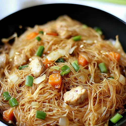 A plate of stir-fried noodles with chicken, vegetables, and a light sauce.