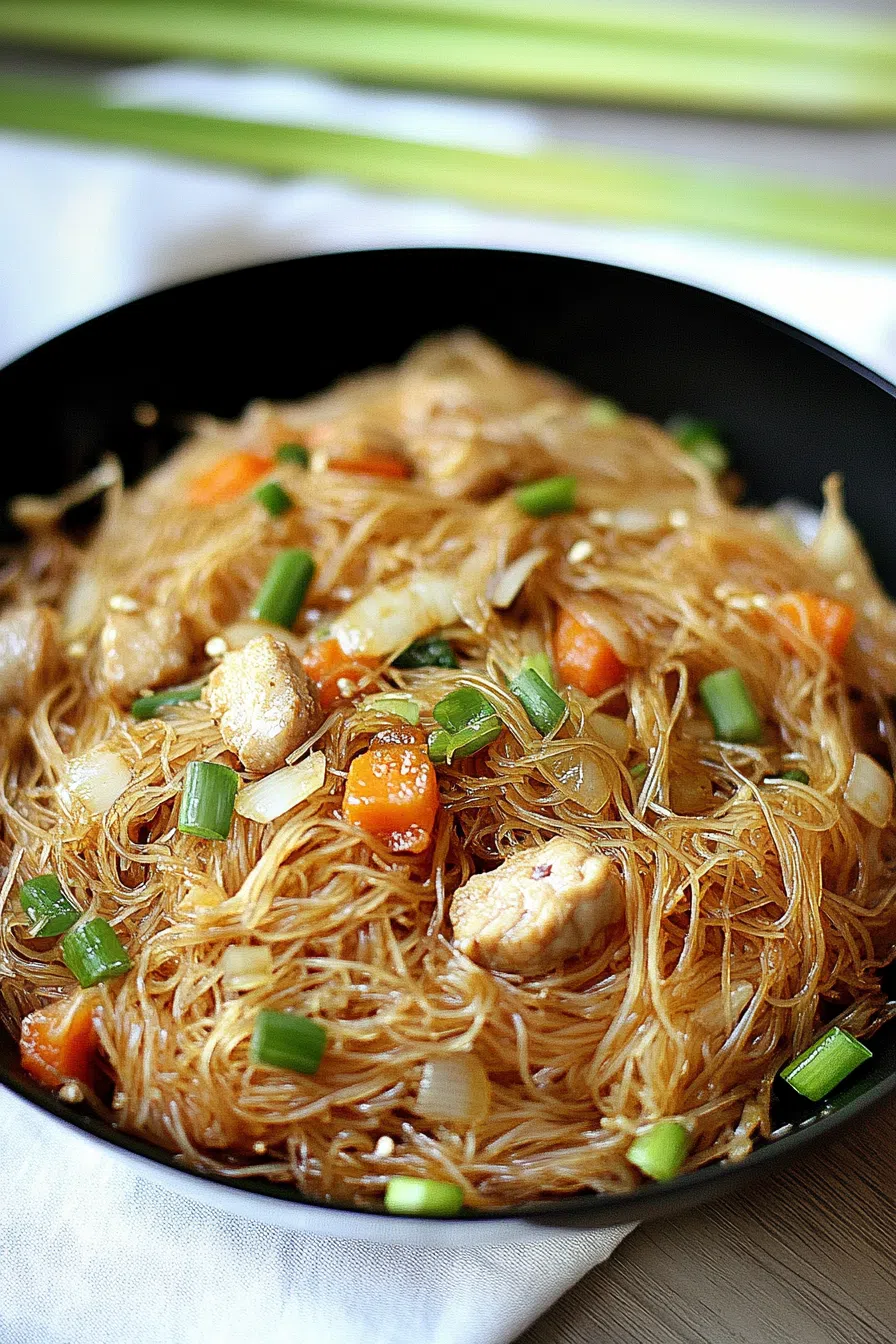 A plate of stir-fried noodles with chicken, vegetables, and a light sauce.