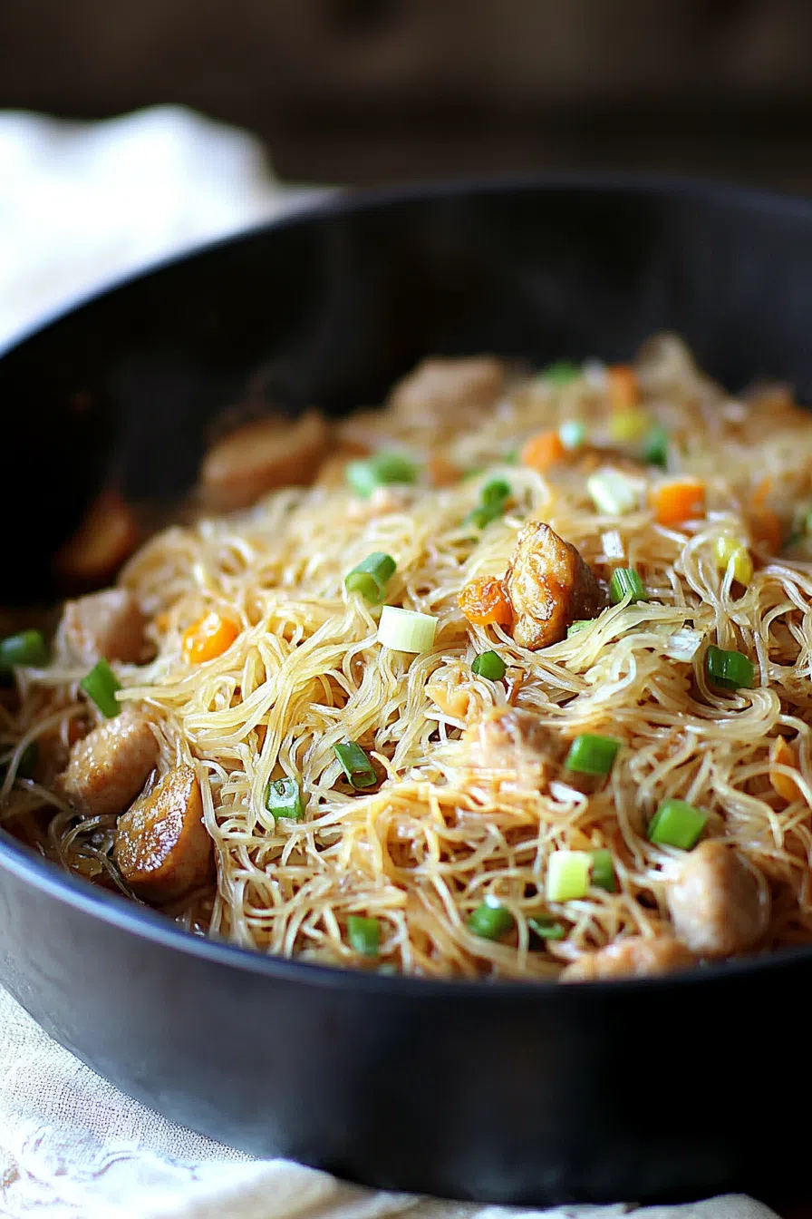 Close-up of thin rice noodles mixed with sliced chicken and colorful vegetables.