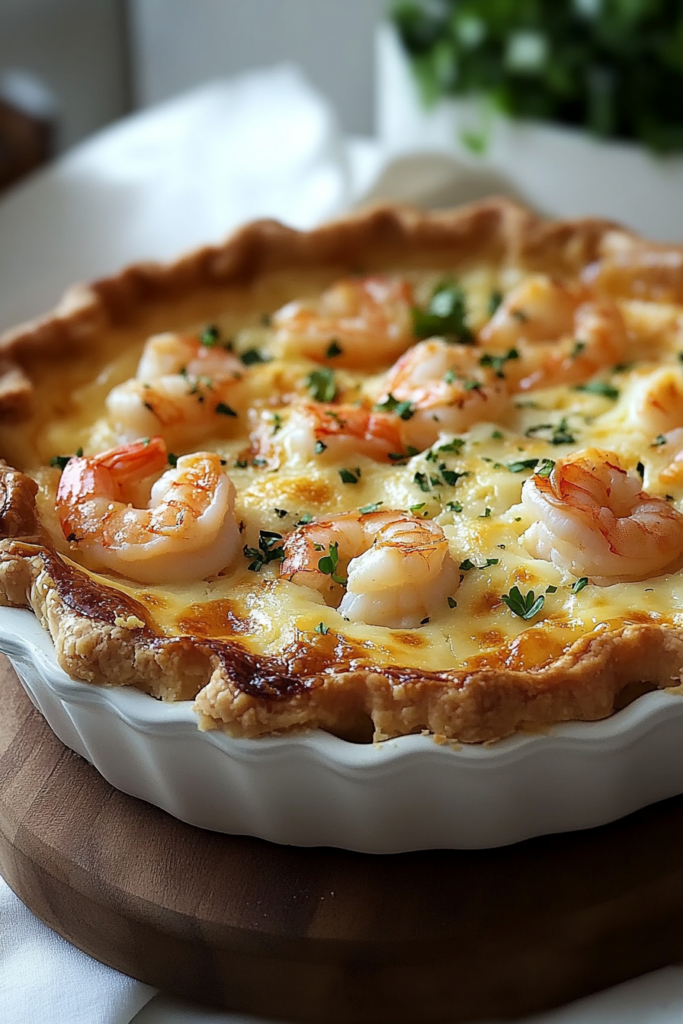 Whole shrimp pie with a golden, flaky crust.