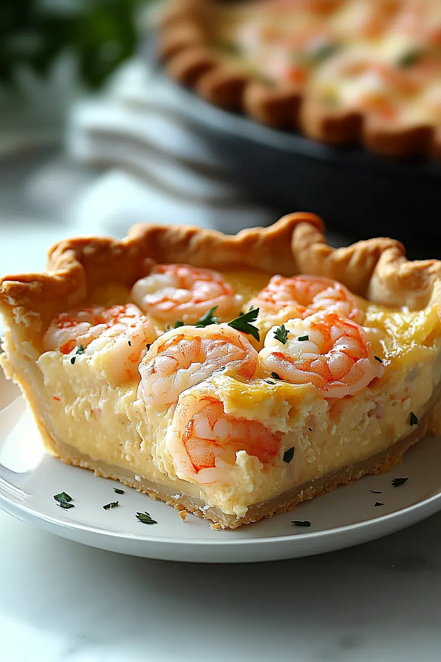 Slice of savory pie filled with shrimp and vegetables.