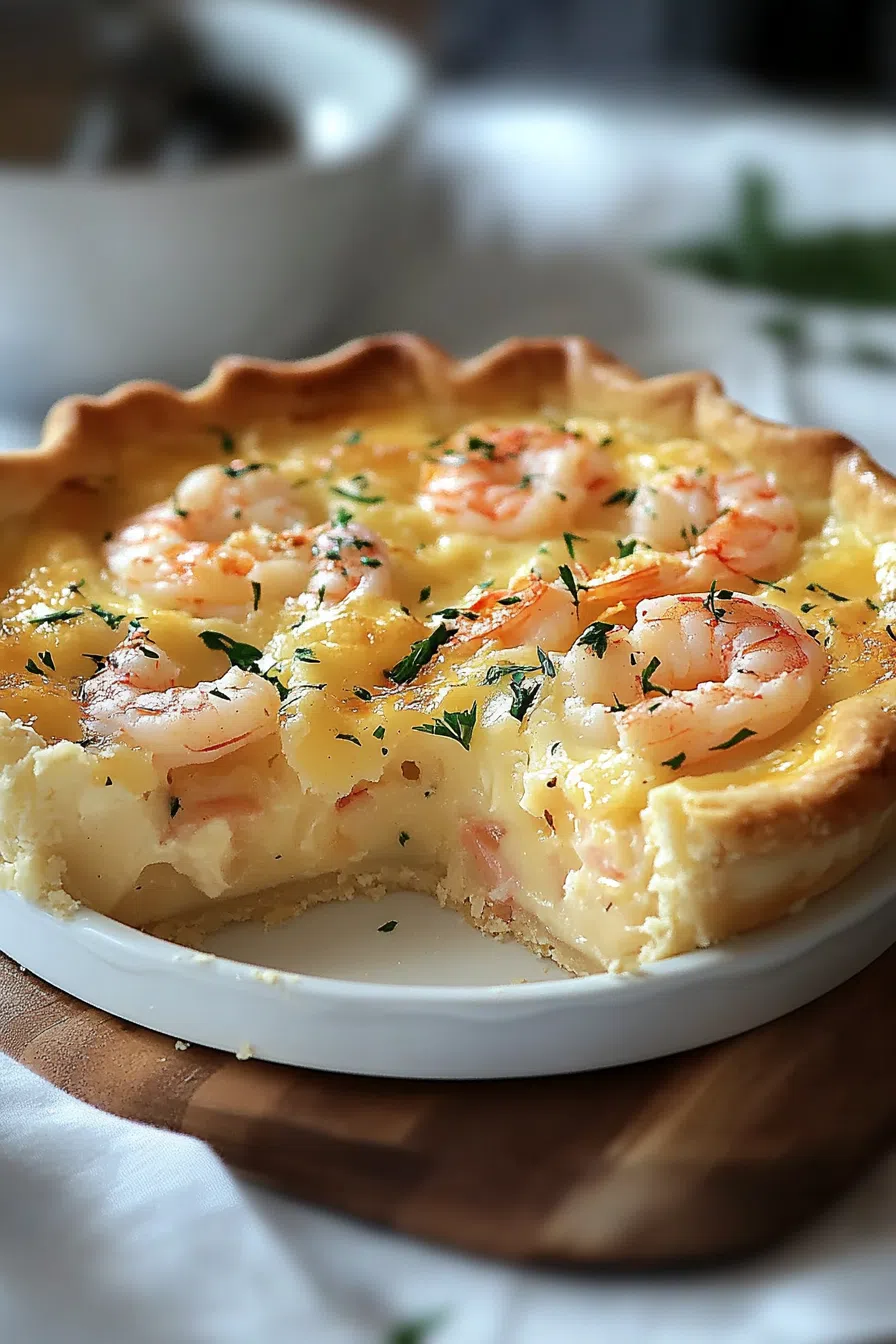 Pie slice with shrimp and sauce spilling onto the plate.