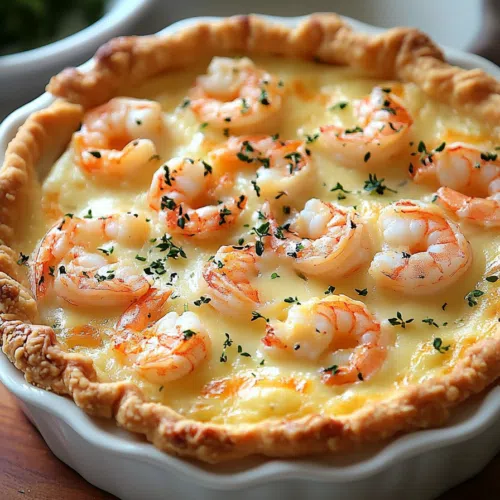 Close-up of a creamy shrimp pie with a crispy top.