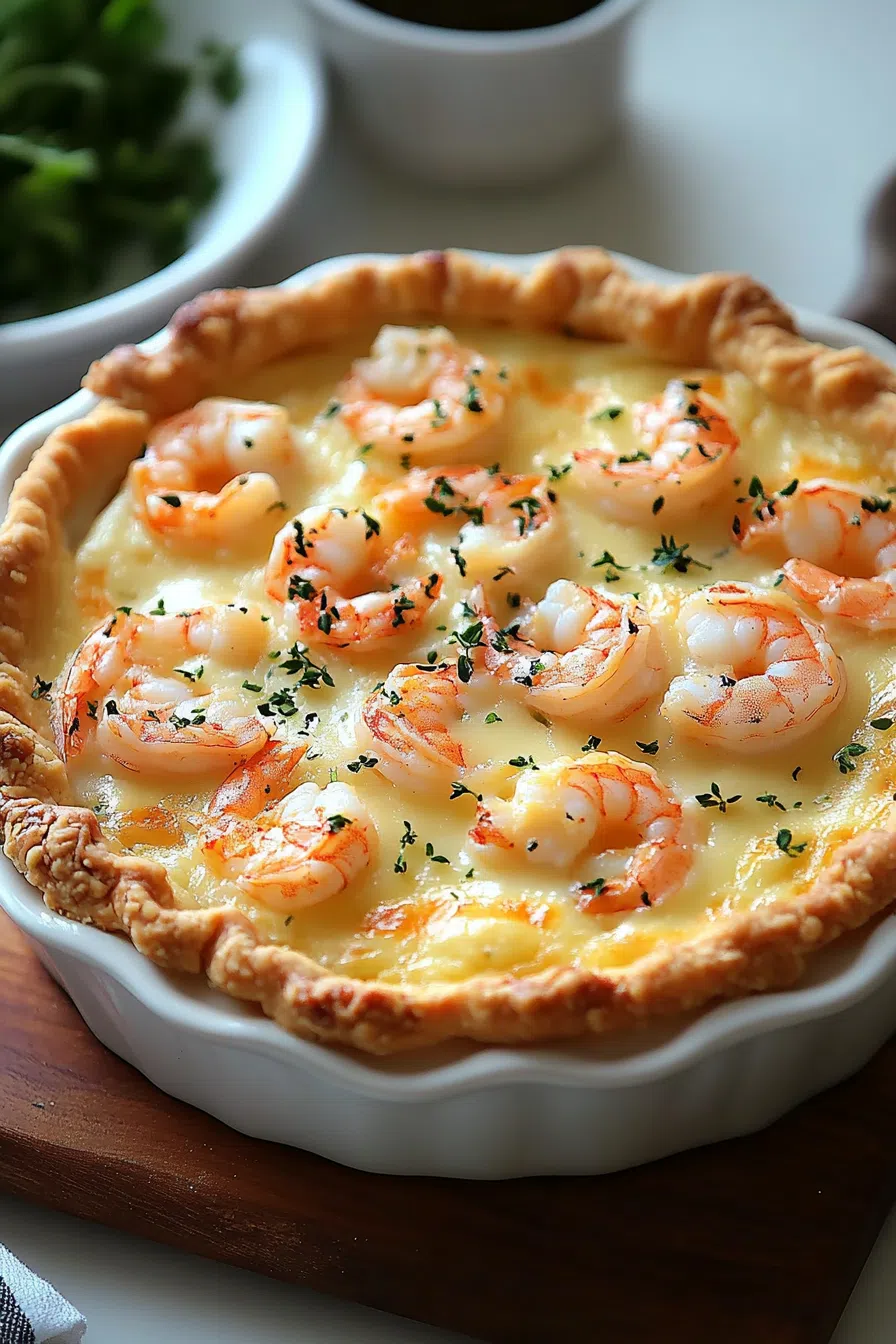Close-up of a creamy shrimp pie with a crispy top.