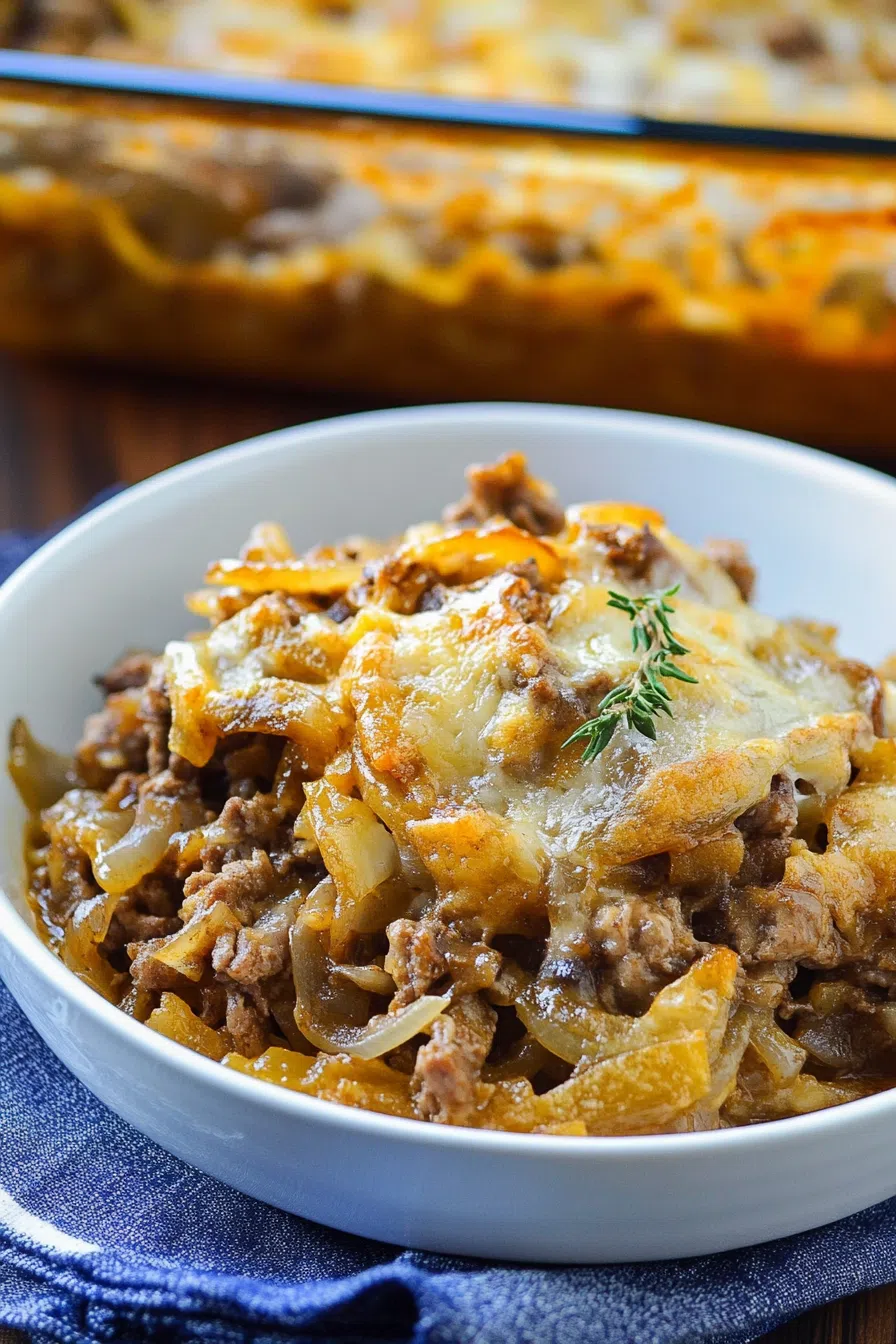 A bubbling, golden-brown casserole with crispy edges and a cheesy topping.