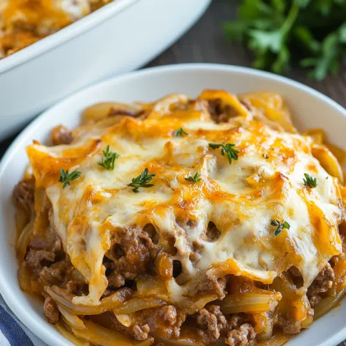 A baking dish filled with a savory, cheesy casserole, garnished with fresh herbs for a pop of color.