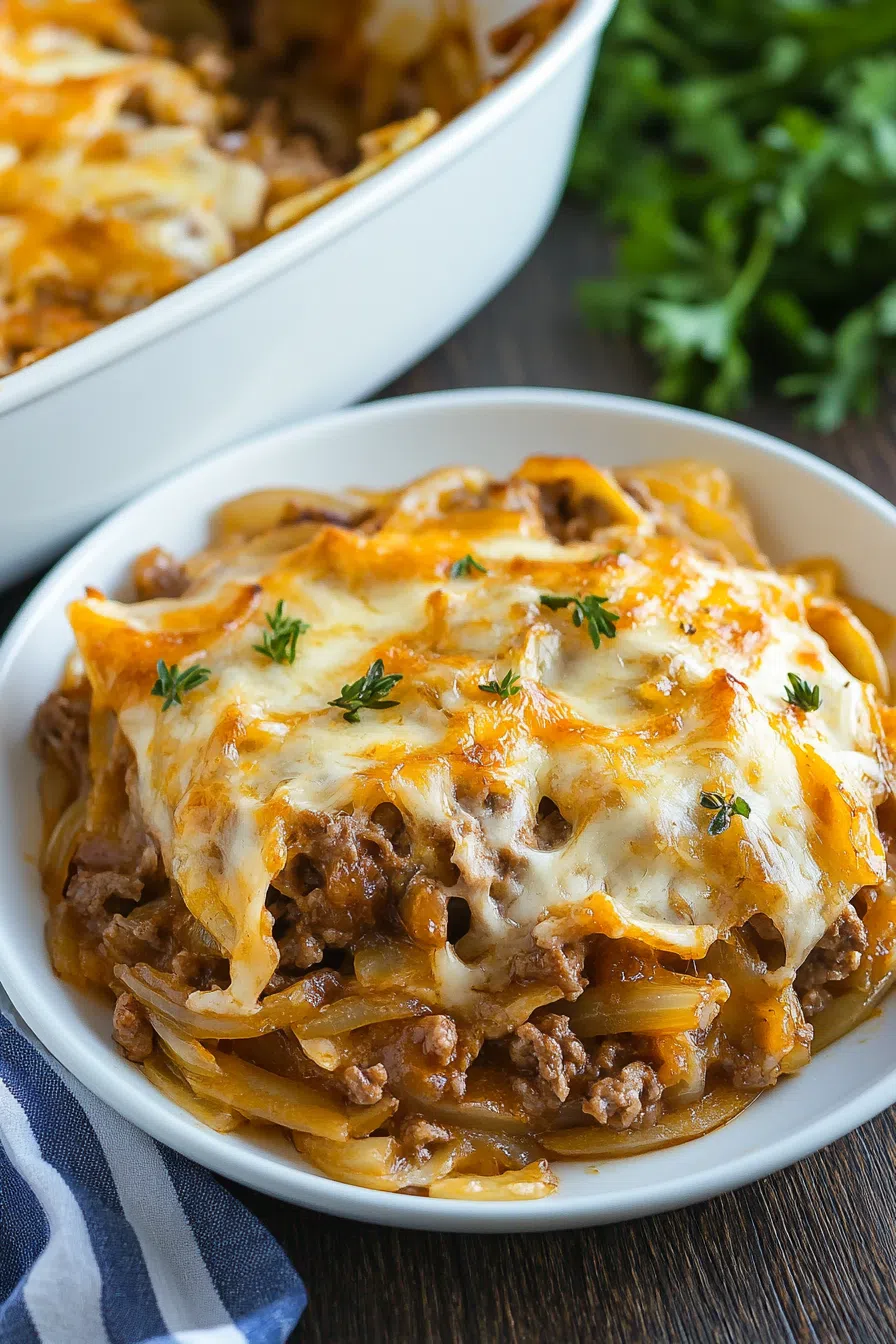 A baking dish filled with a savory, cheesy casserole, garnished with fresh herbs for a pop of color.