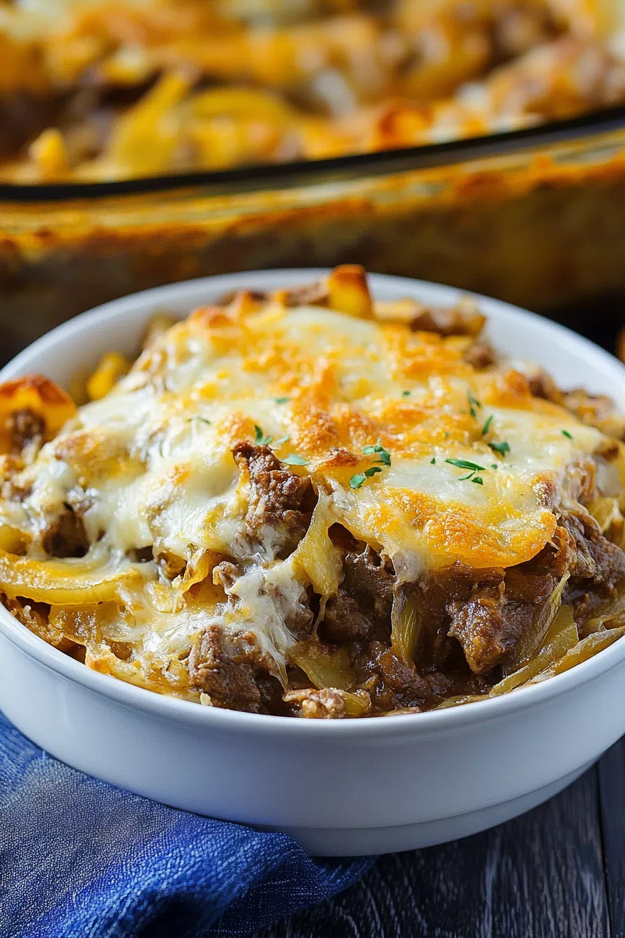 A cozy dinner scene with a warm, comforting casserole ready to be served at the table.