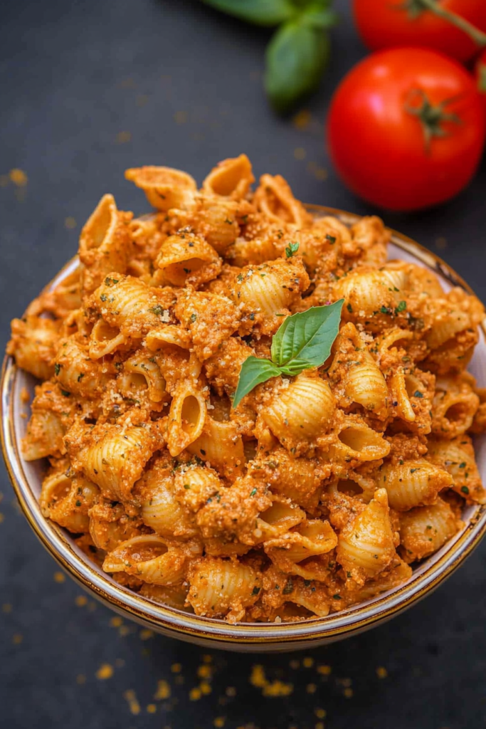 A creamy tomato-based pasta dish served in a white bowl with a sprinkle of parmesan.