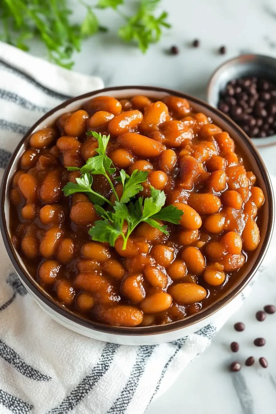 A bowl of baked beans garnished with chopped parsley.