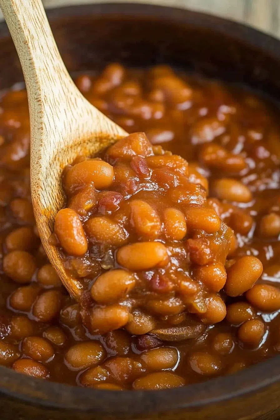 A spoon scooping a hearty serving of baked beans from a dish.