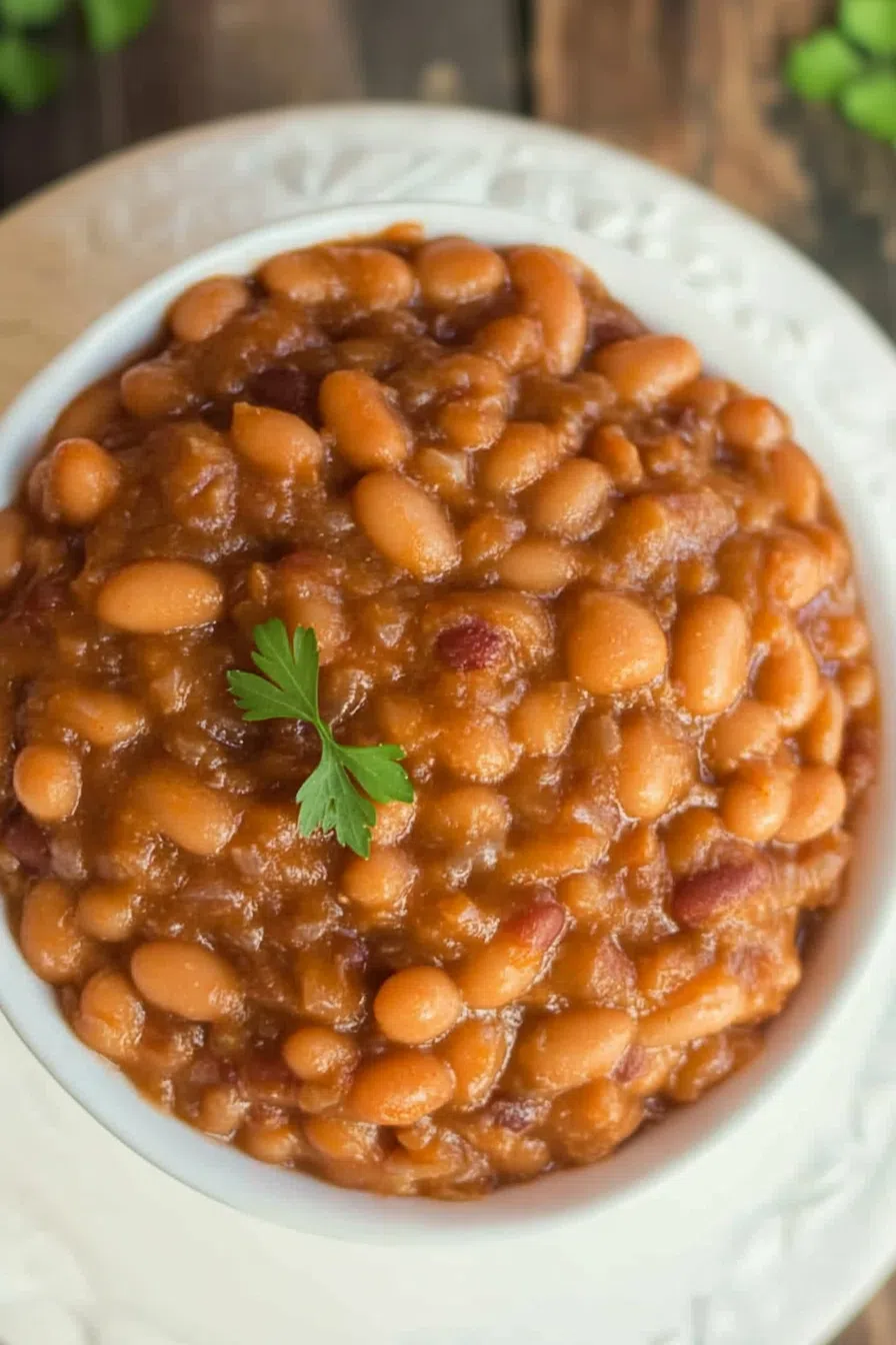 A close-up of rich, saucy baked beans with a golden-brown finish.