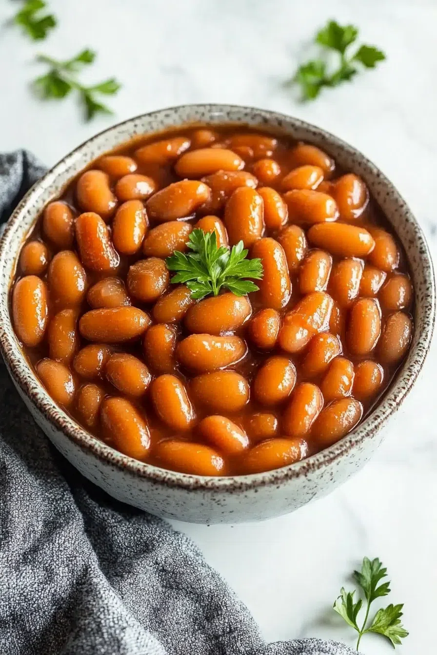 A casserole dish filled with baked beans topped with crispy bacon pieces.