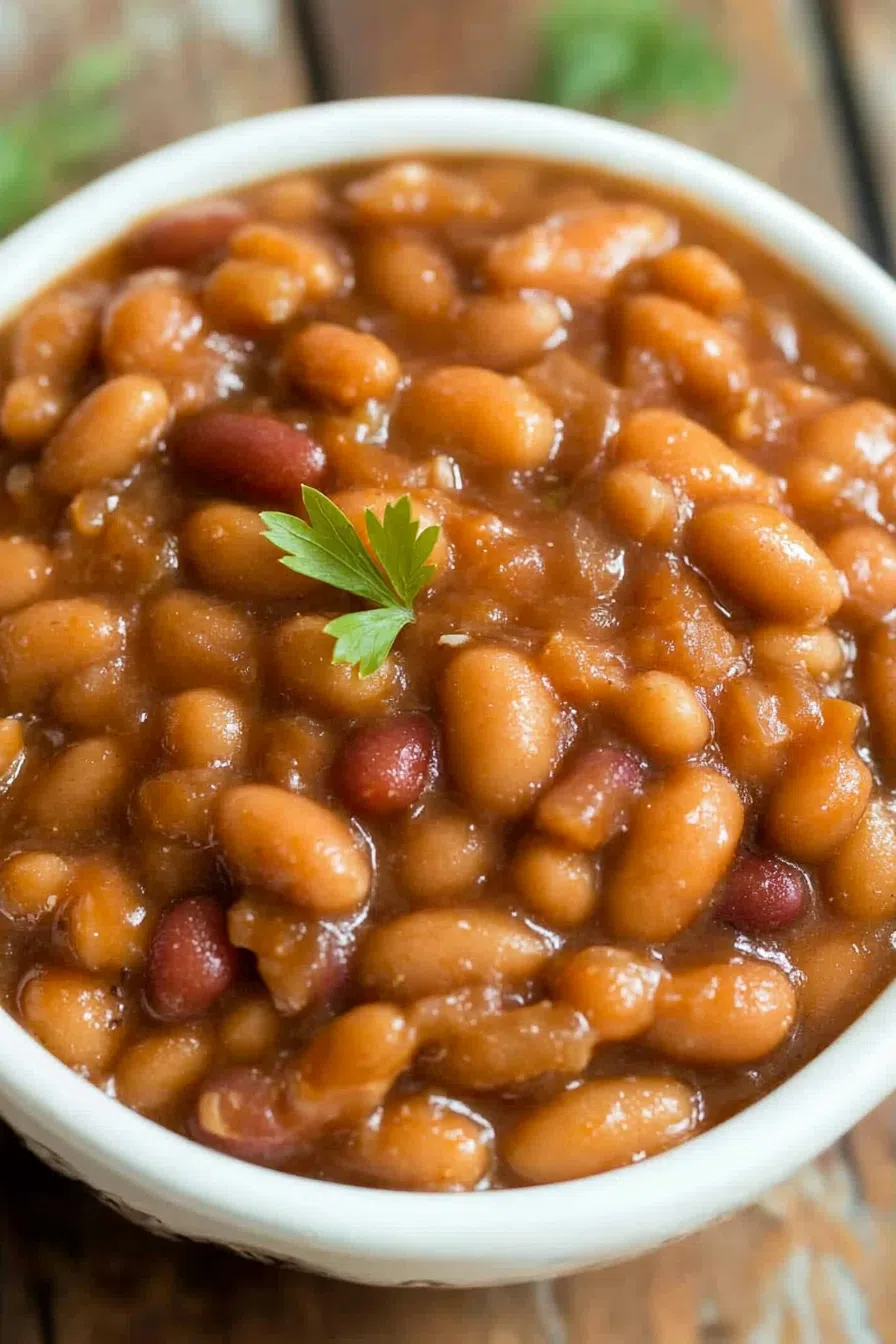 A close-up of glossy baked beans with crispy bacon bits.