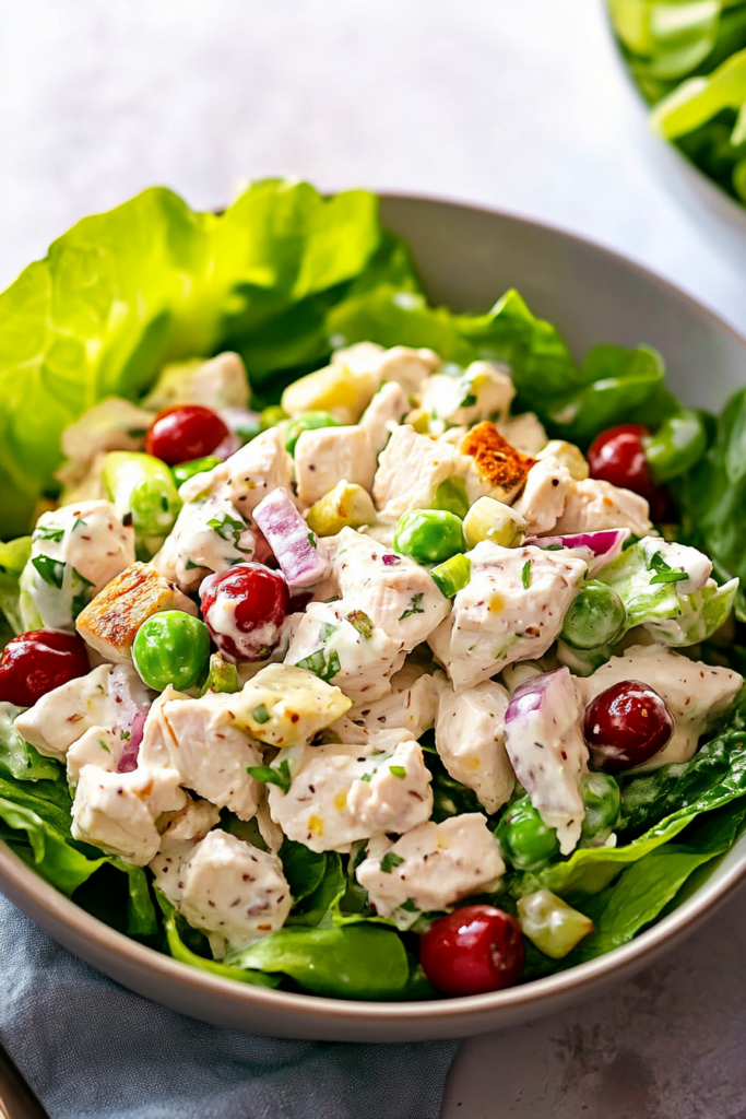A creamy, protein-packed salad served in a white bowl.