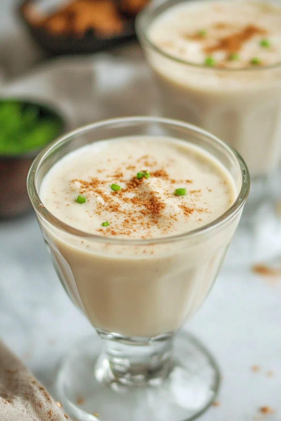 Glass of creamy, spiced Haitian cremas topped with a sprinkle of nutmeg.