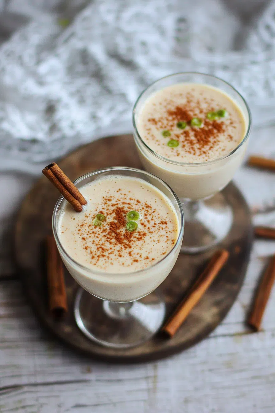 erving of cremas in a clear glass, surrounded by holiday spices like cinnamon and cloves.