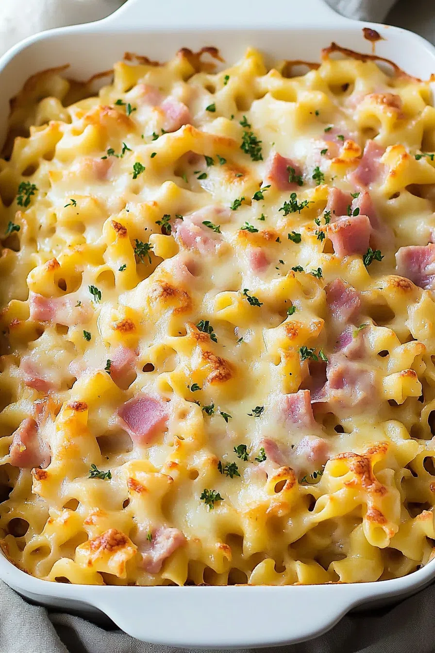 A creamy, cheesy baked casserole fresh out of the oven.