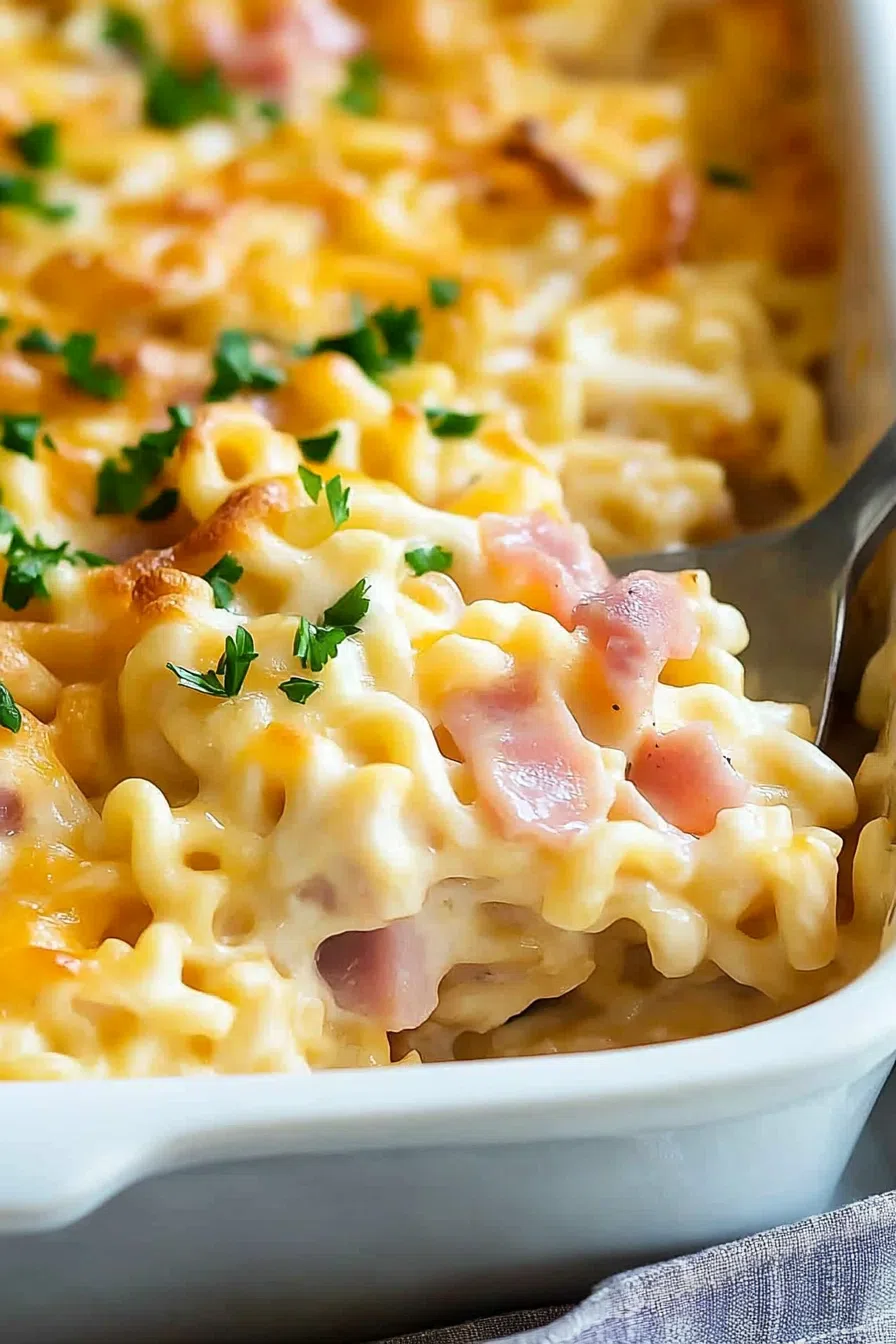A spoonful of pasta and ham lifted from the dish, showing its creamy texture.