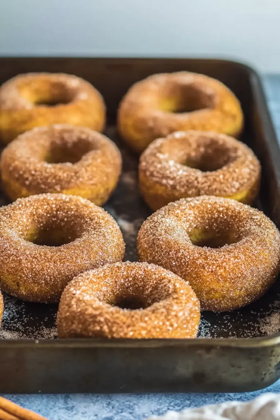 Donuts topped with a dusting of powdered sugar.