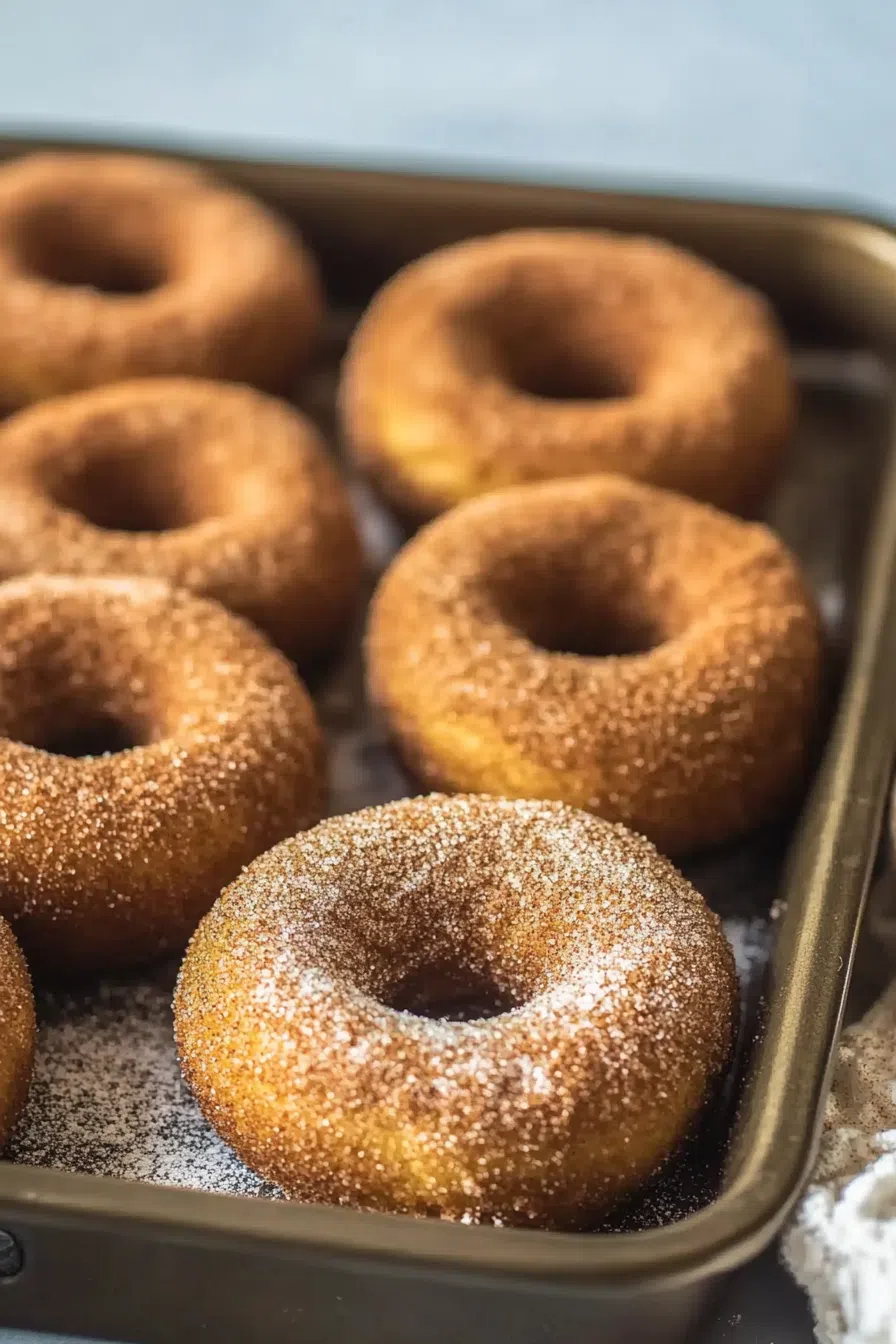Freshly baked donuts arranged in a pan.