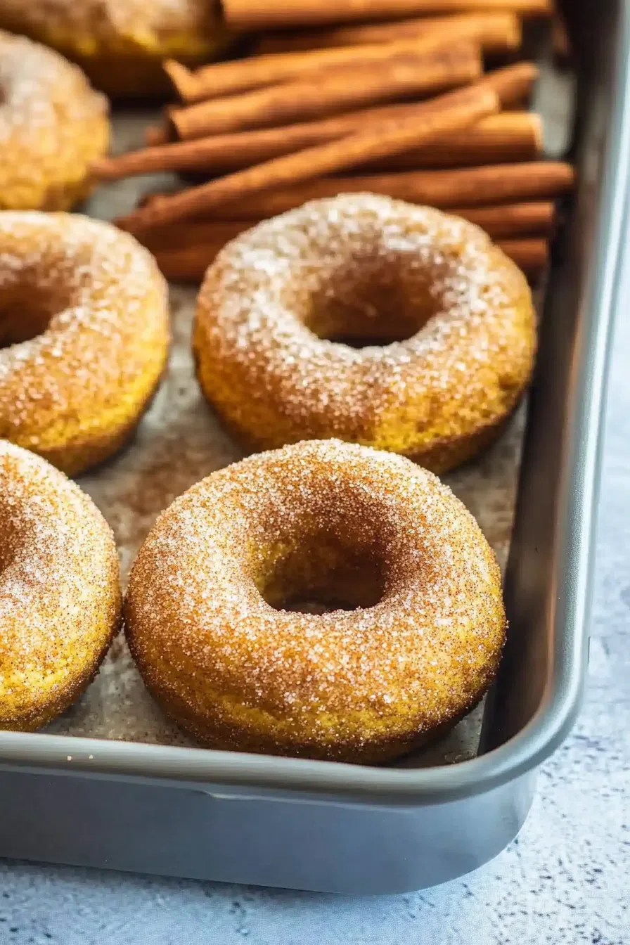 Golden-brown baked donuts with a light glaze on top.