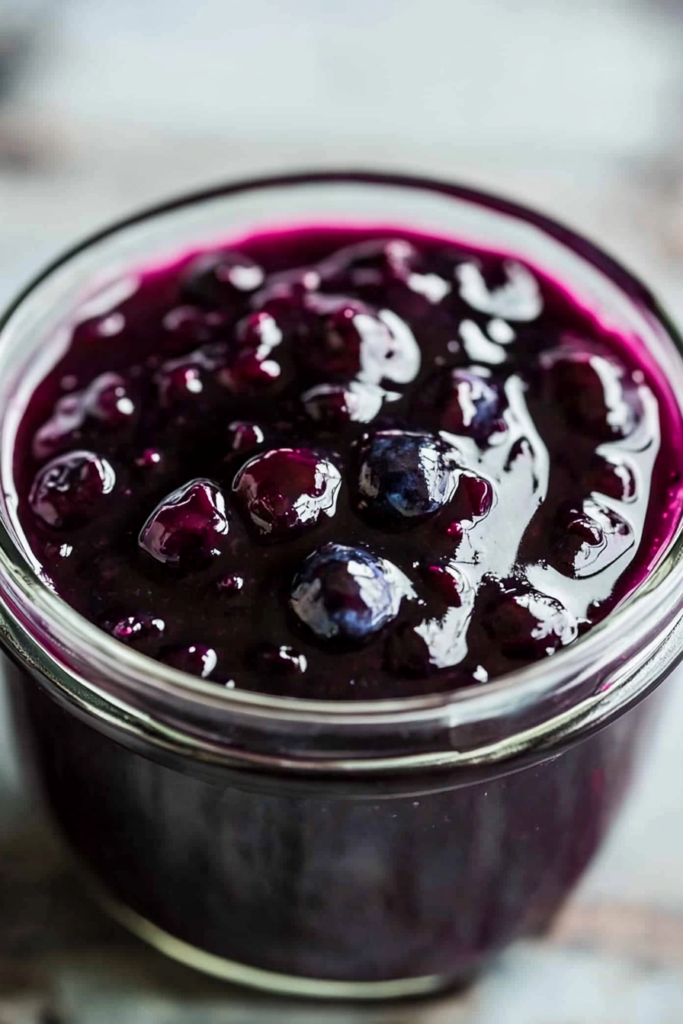 A glass jar filled with thick, glossy blueberry sauce.