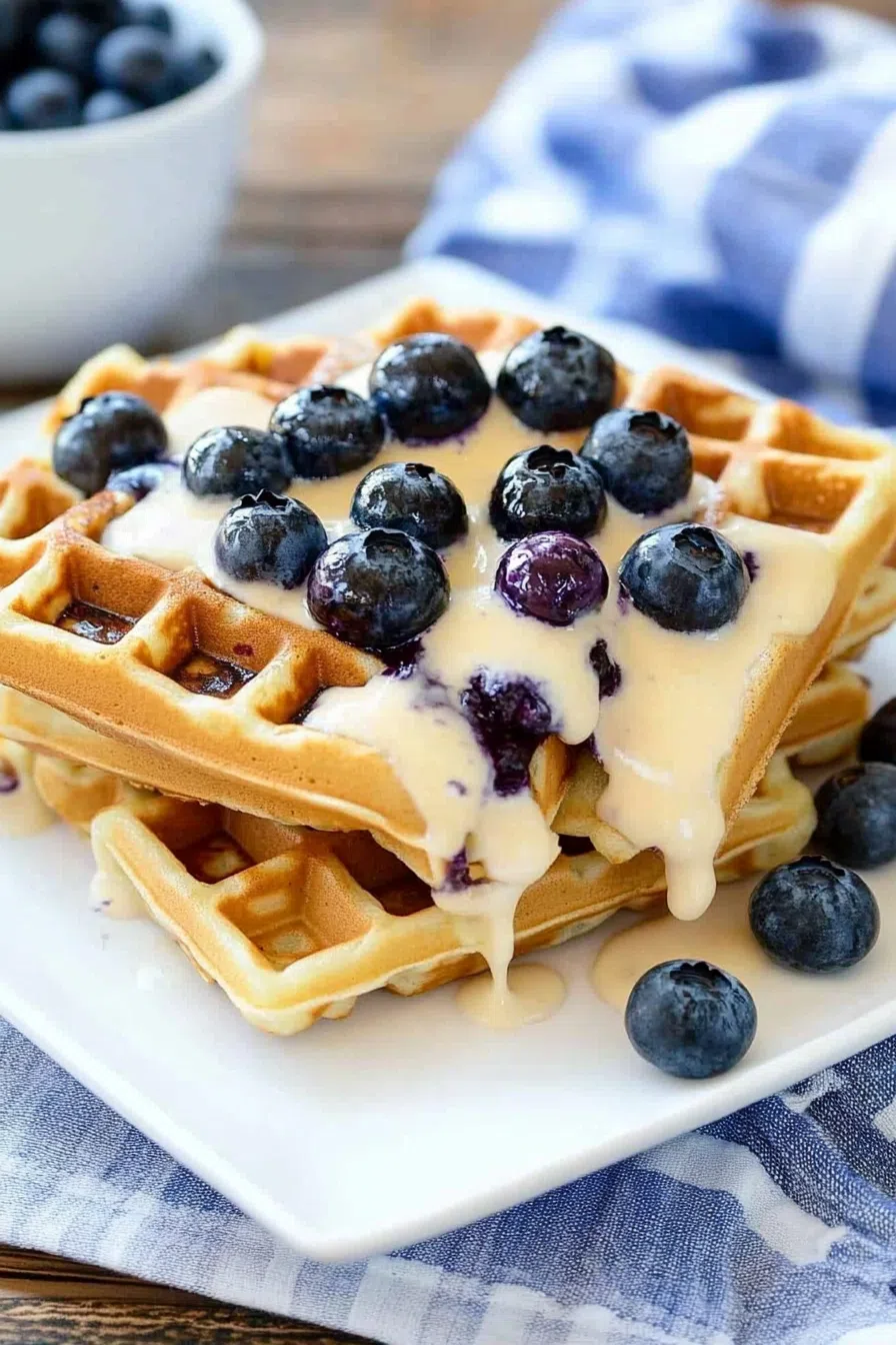 Close-up of a fluffy waffle with blueberries nestled in its pockets.