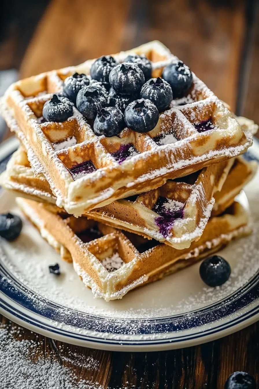 A golden, crispy waffle topped with fresh blueberries and a drizzle of syrup.