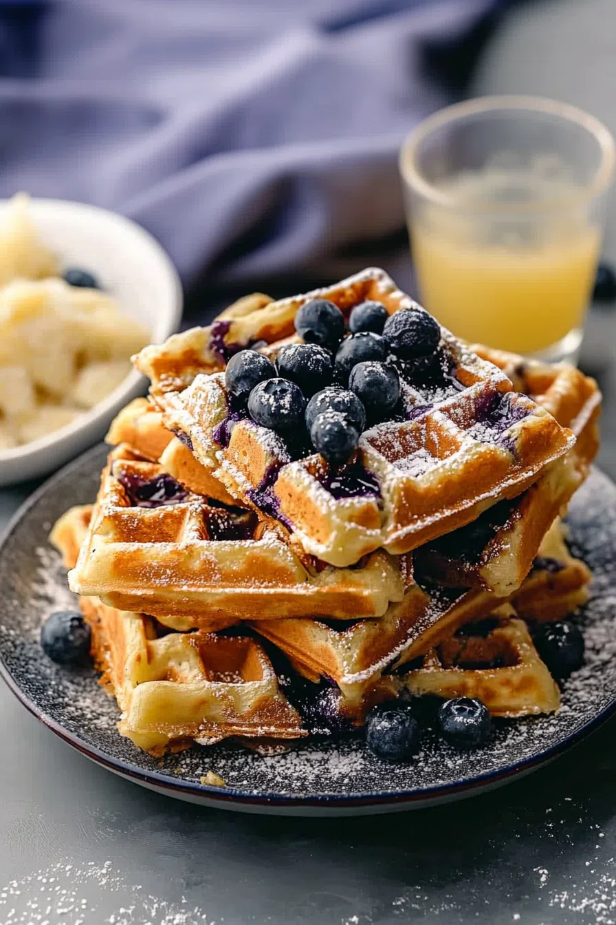 A breakfast plate featuring warm waffles, fresh fruit, and a side of syrup.