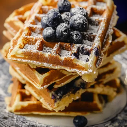A stack of waffles with a pat of melting butter and a dusting of powdered sugar.