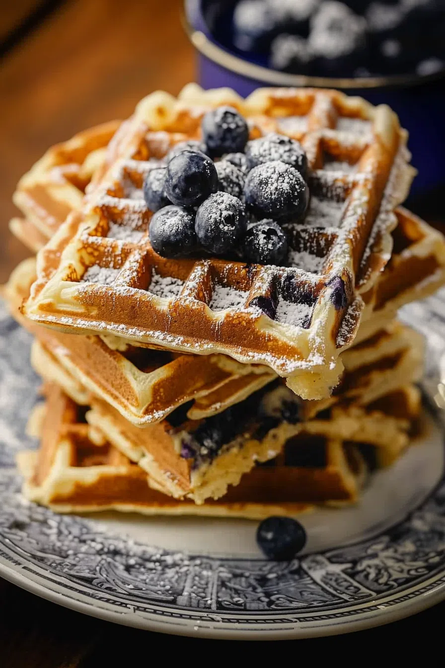 A stack of waffles with a pat of melting butter and a dusting of powdered sugar.