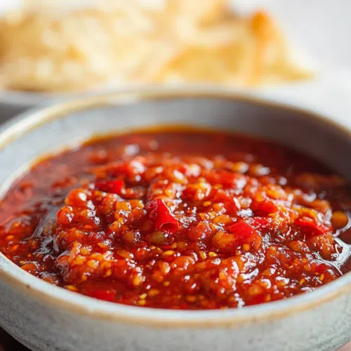 Close-up of a spoonful of chili garlic sauce with a glossy texture.