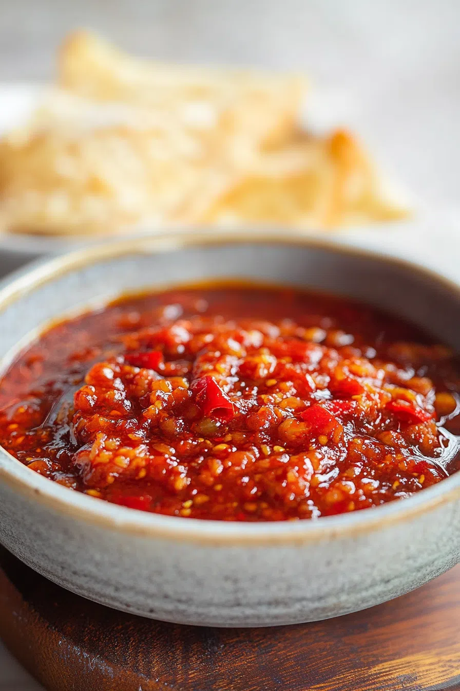 Close-up of a spoonful of chili garlic sauce with a glossy texture.