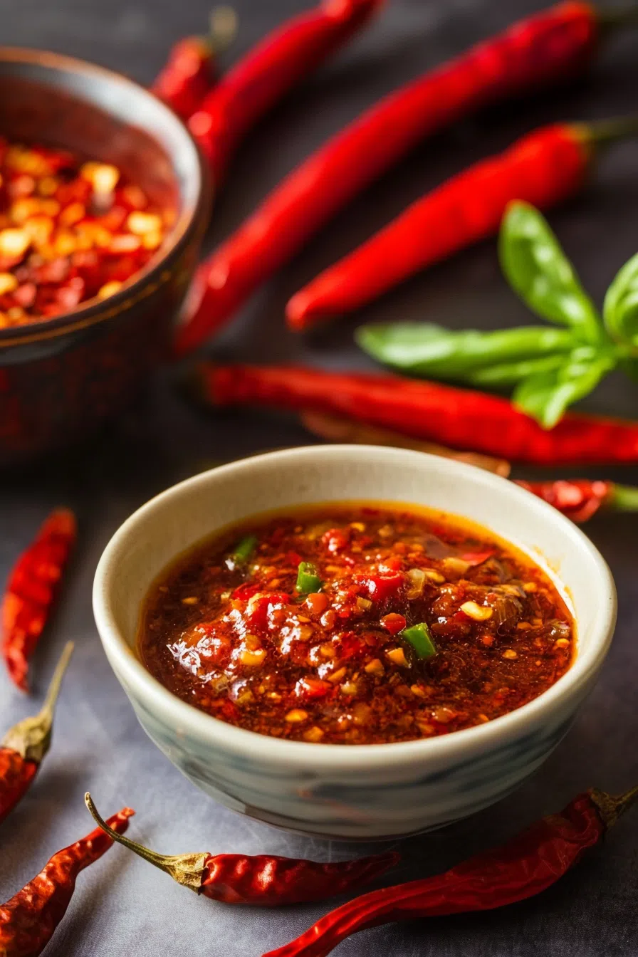 Thick, textured chili sauce in a small dish with chili seeds and garlic bits.