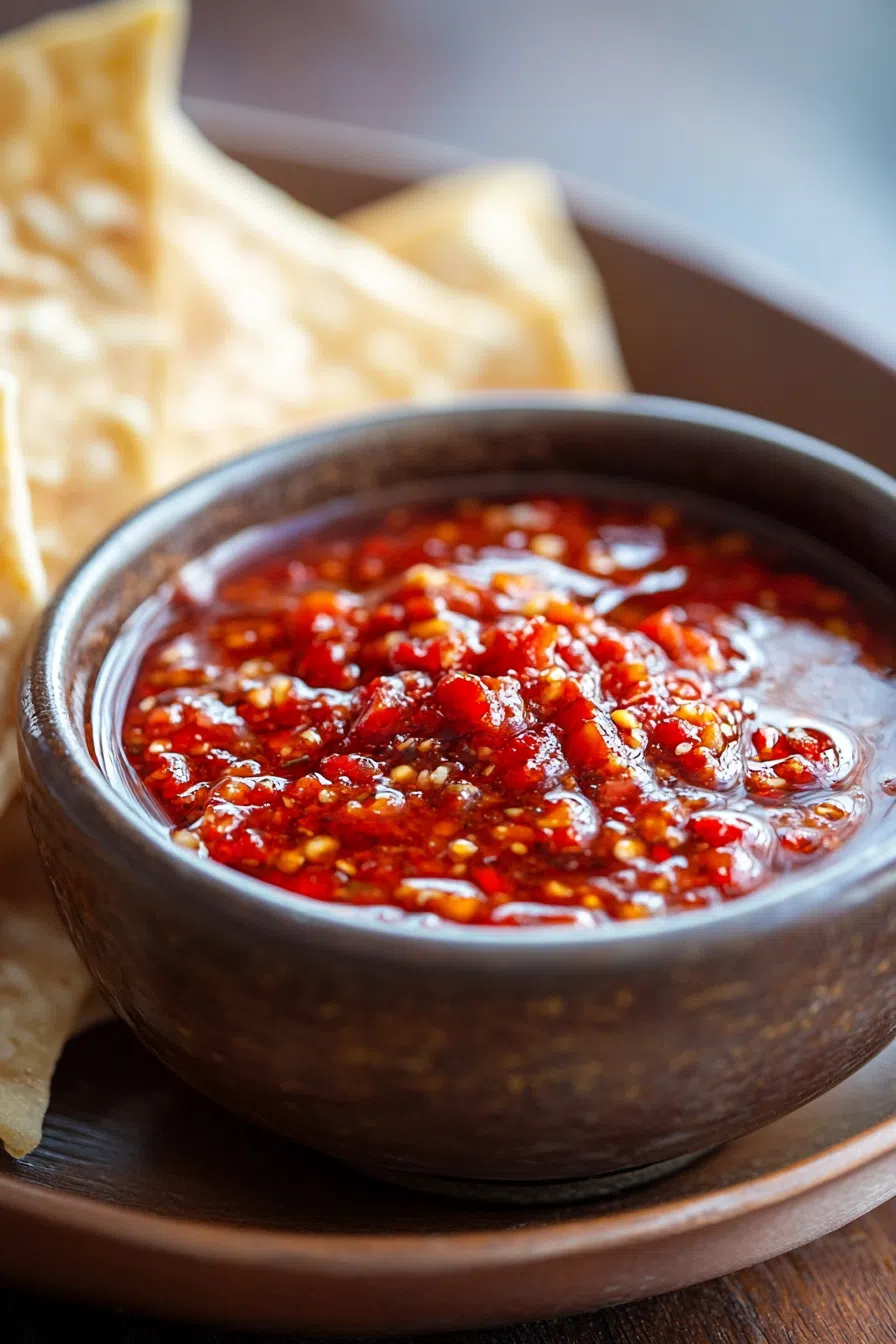 Small dish of chili garlic sauce with a chunky, textured appearance.
