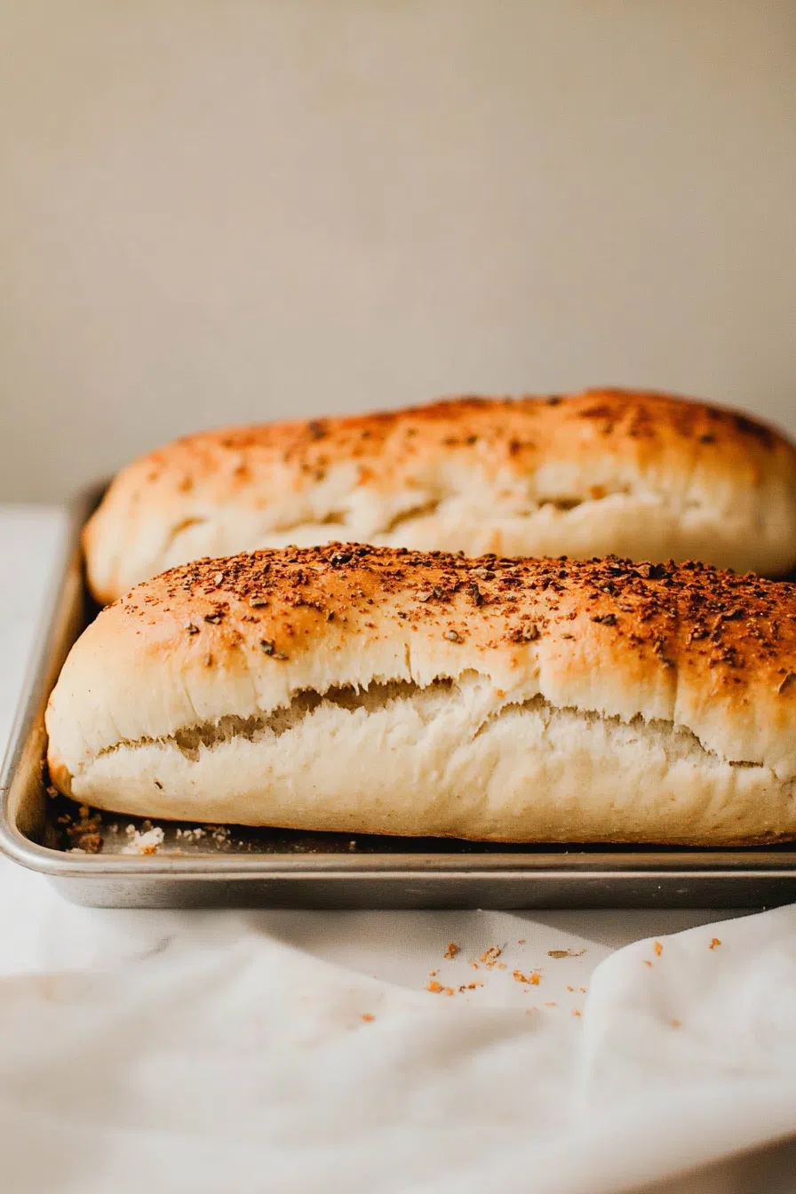 A loaf of golden-brown bread topped with melted cheese and herbs.
