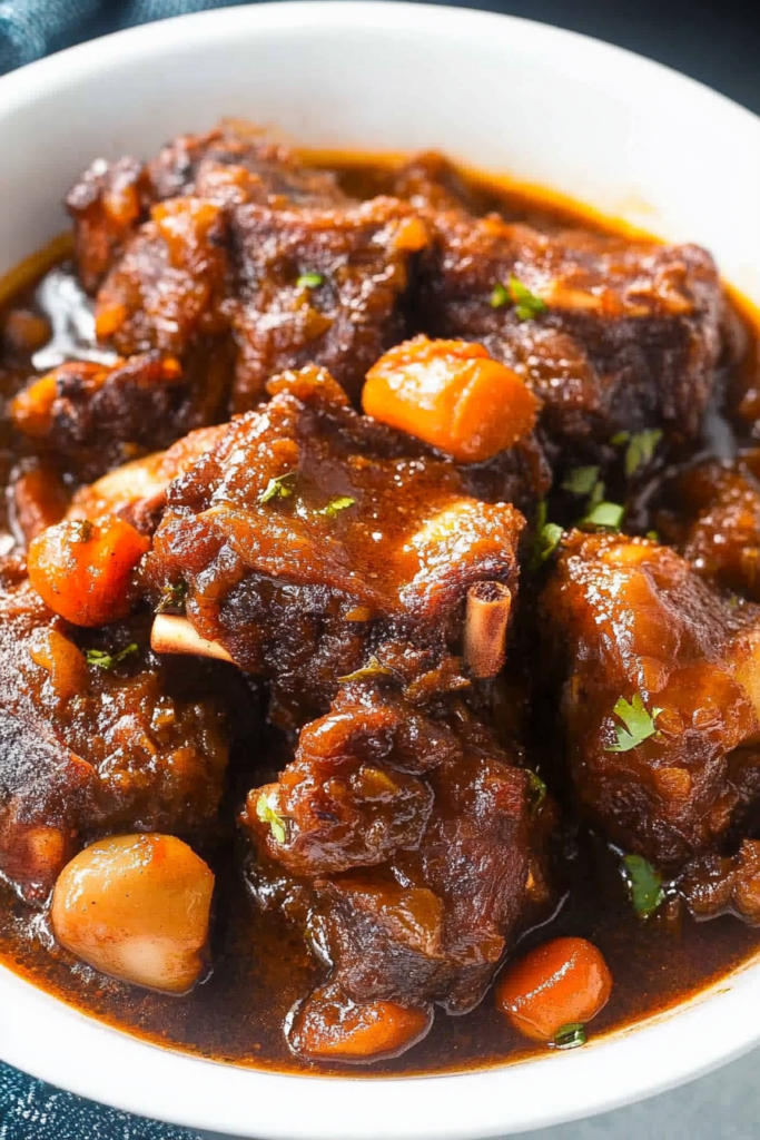 A bowl of tender, slow-cooked oxtail in rich gravy.