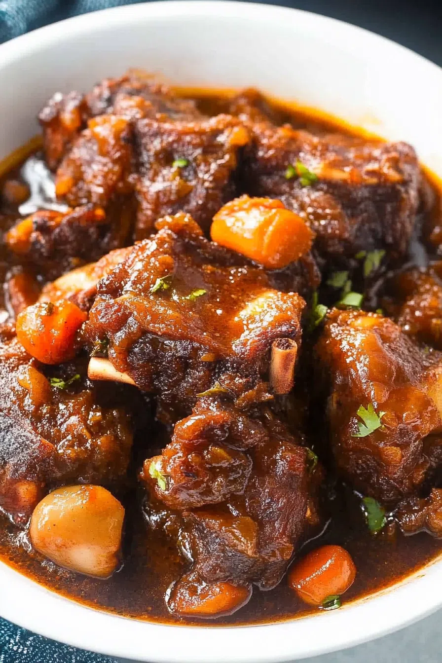 A bowl of tender, slow-cooked oxtail in rich gravy.