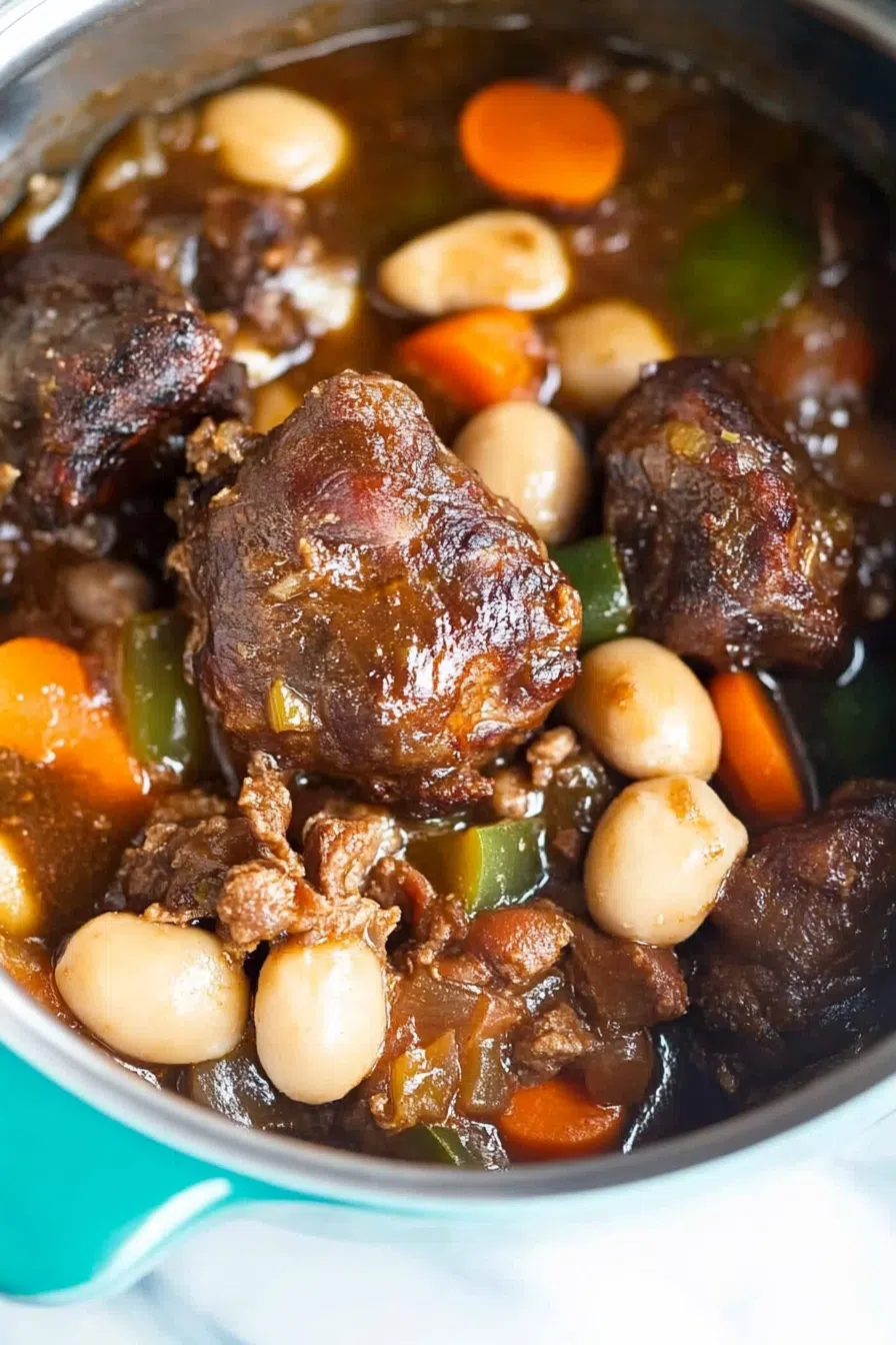 Close-up of slow-cooked oxtail pieces showcasing their fall-off-the-bone texture, plated alongside golden plantains.