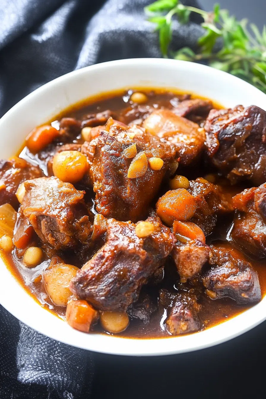 A hearty bowl of oxtail stew with vibrant colors from carrots, peppers, and seasoning.