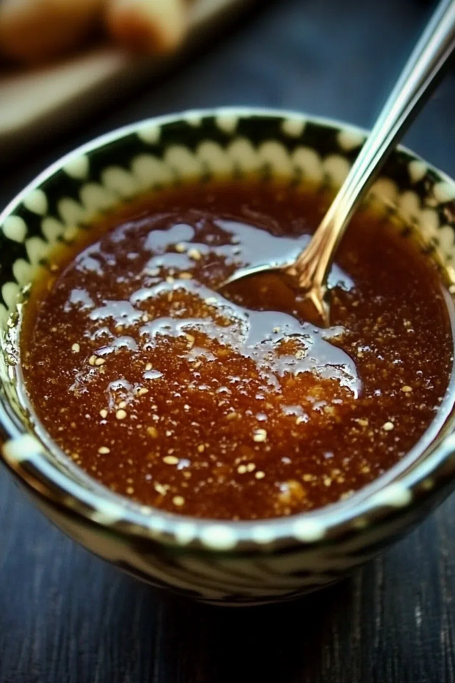 A spoon lifting a thick, savory sauce with a smooth texture.