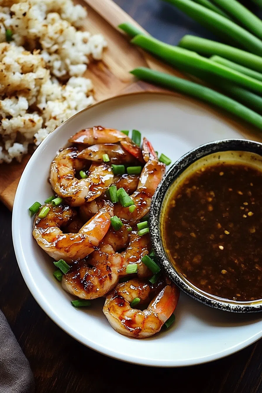 A serving dish with a side of sauce next to grilled shrimp and rice.