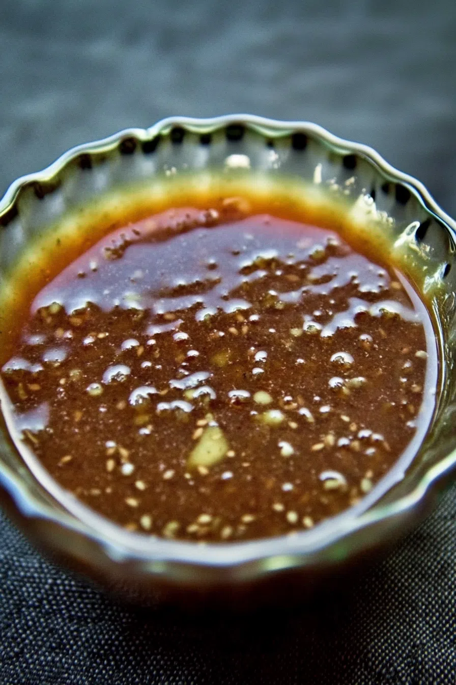 A small dish filled with a rich, glossy sauce on a wooden table.