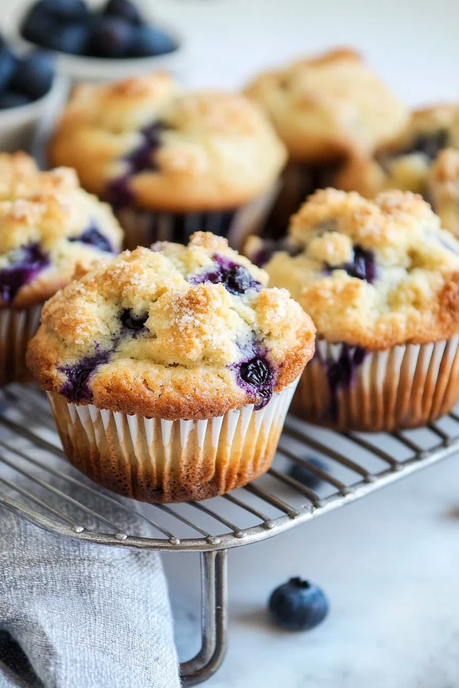 Muffins with a slightly cracked top, revealing bursts of blueberries.